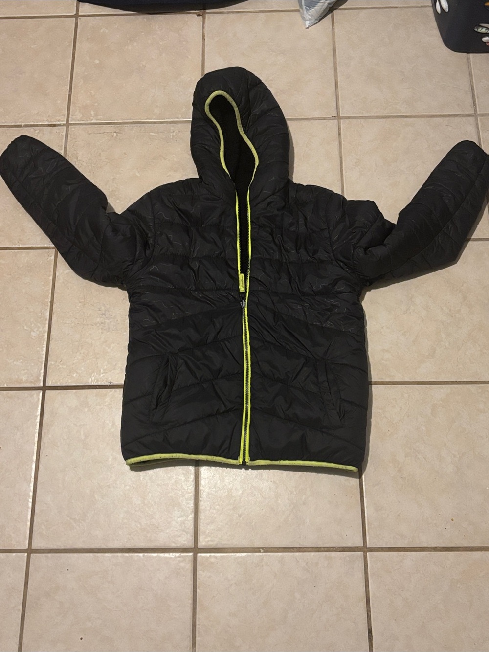 Eddie Bauer Kids Black Hooded Puffer Jacket with Lime Trim